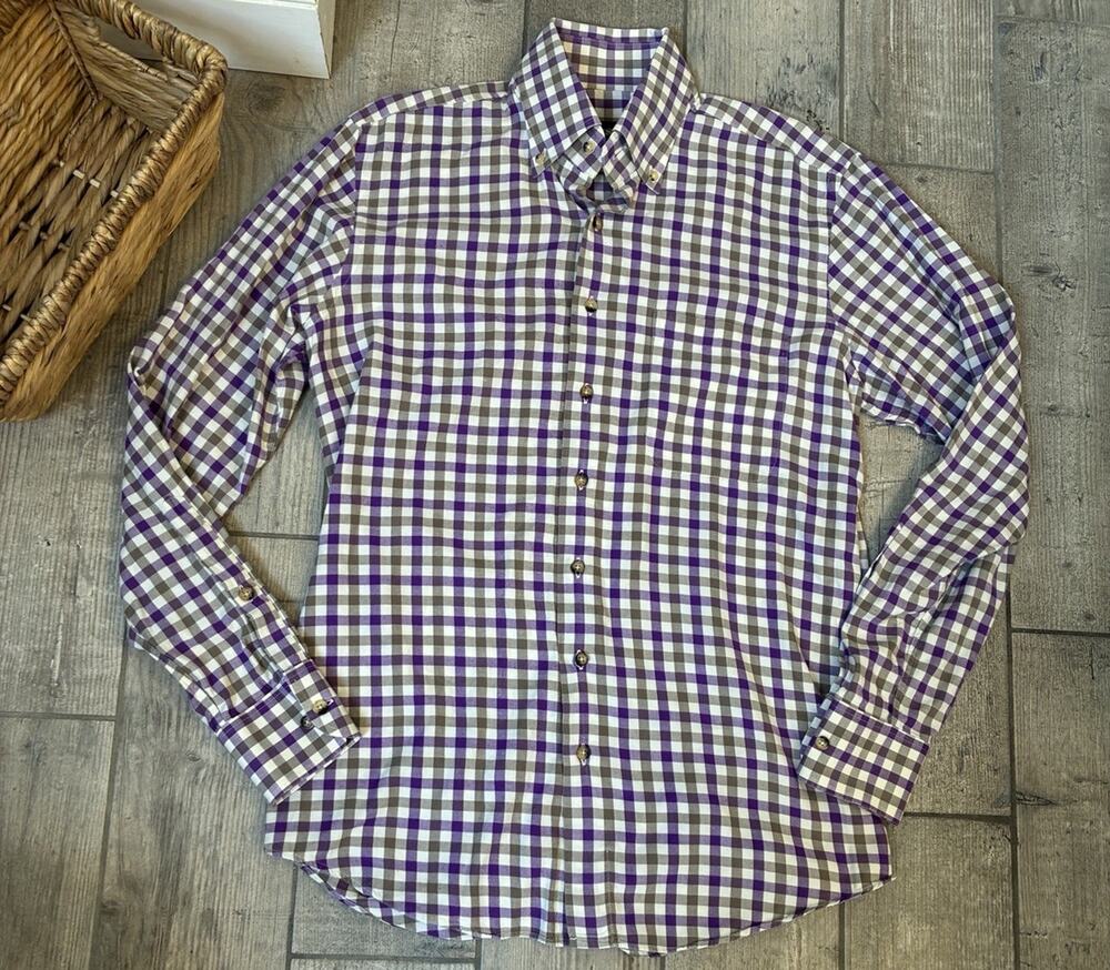 Paul Stuart Men’s Gingham Plaid Dress Shirt Size Medium Purple And Greige
